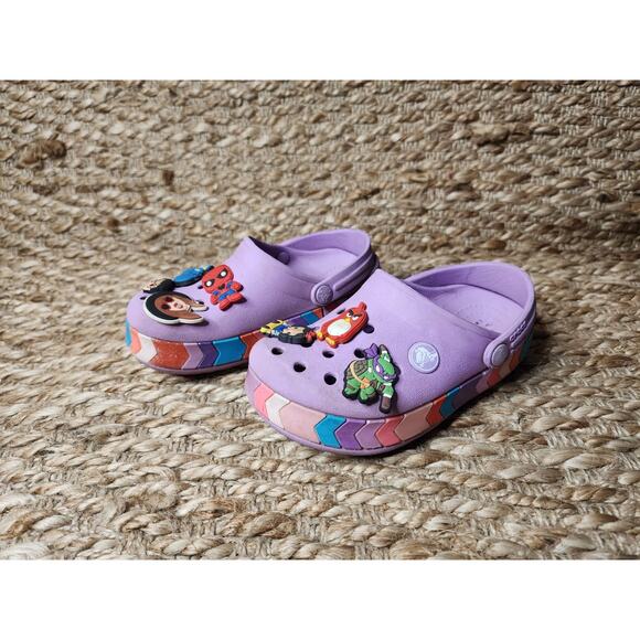 Crocs Shoes Girls Sz. C 10 Crocband Chevron Beaded Clogs Purple Rainbow Jib Bitz - Picture 1 of 10